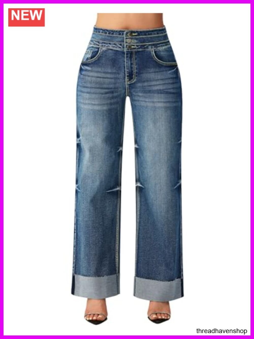 High Waisted Wide Leg Baggy Jeans Cuffed Stretchy Denim Pants